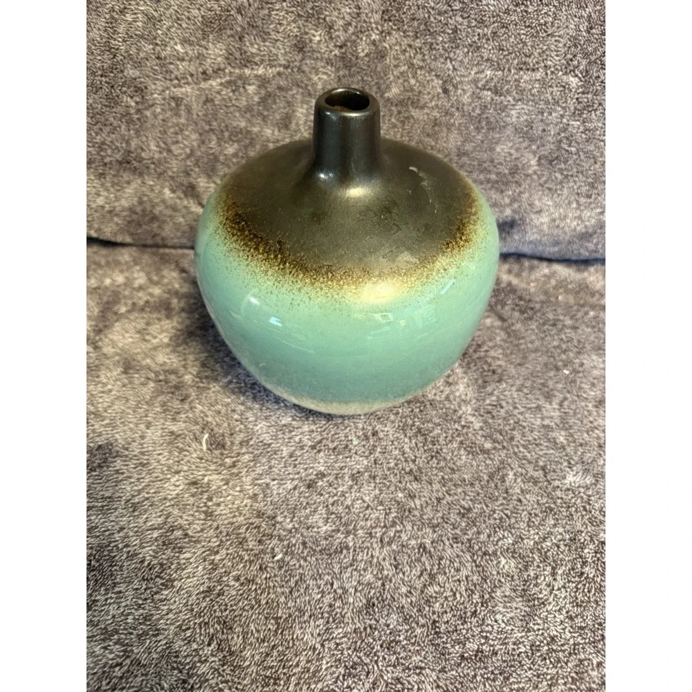 Drip Glaze Studio Art Pottery Ceramic Round Ball Bottle Vase Green Brown 5